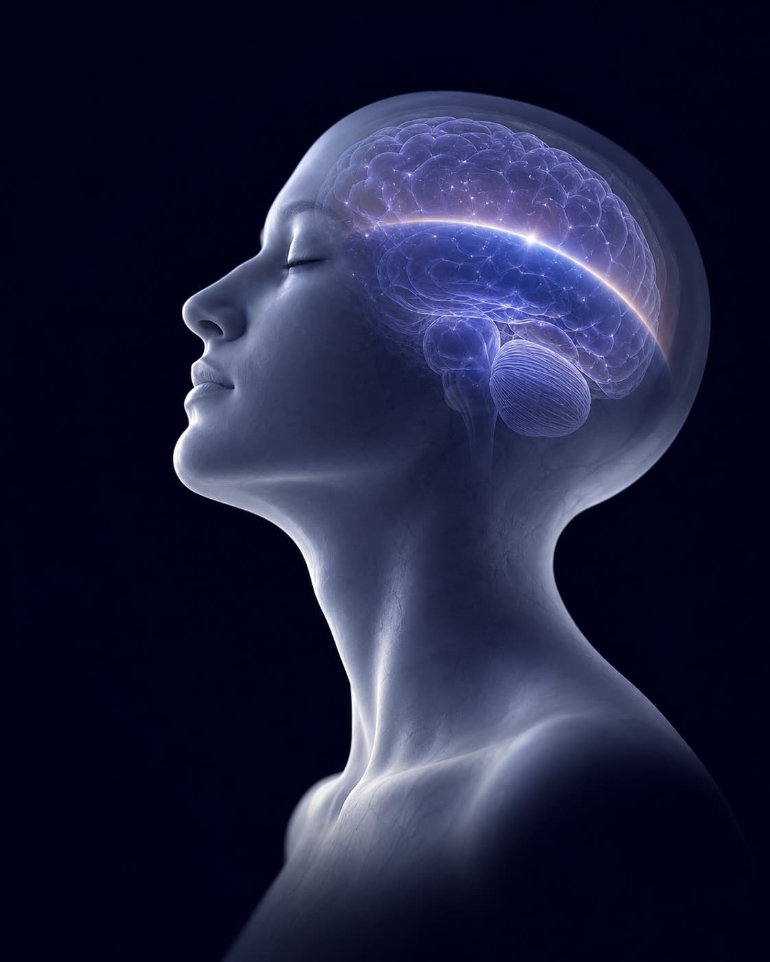A calm sleeping profile with a softly illuminated brain